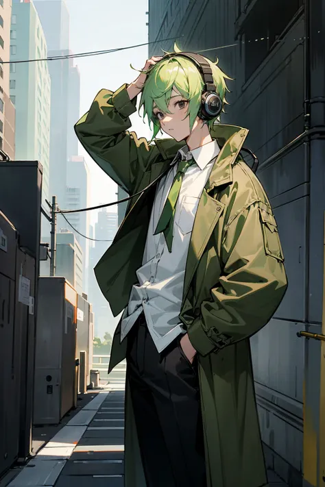 1male, light green hair, black eyes, headphones on head, expressionless, baggy brown jackets, white shirt, black pants, city background, detailed background, hands to side, standing on path