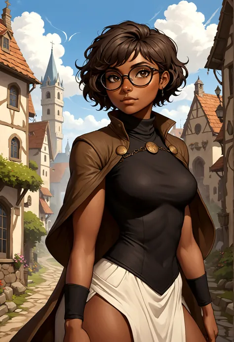 Solo, female, turtleneck tunic, cloak, fantasy outfit, fantasy village, short hair, wavy hair, messy hair, ((dark tan skin)), glasses, cleric, cropped jacket, athletic, slightmuscle