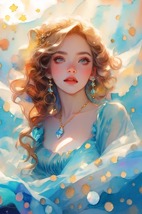 little mermaid), (best details), (best quality),(((watercolor ))),Watercolor background,galaxy,flying blue fabric，Golden necklace， flash, particle, wind, Golden bubbles, hair accessories, colorful hair, alone, jewelry, Starry Sky, Sky, Star, Milky Way, The...