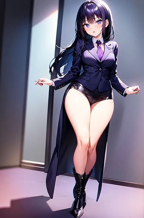 (Offices meetings room), Character: (1girl), Characteristics: (Saleswoman) (Impulsive personality) (Energetic expression), Appearance: (Petite build) (Small breasts) (Bobbed black hair) (Blue eyes), Outfit: (Lavender business suit) (Purple ankle boots)