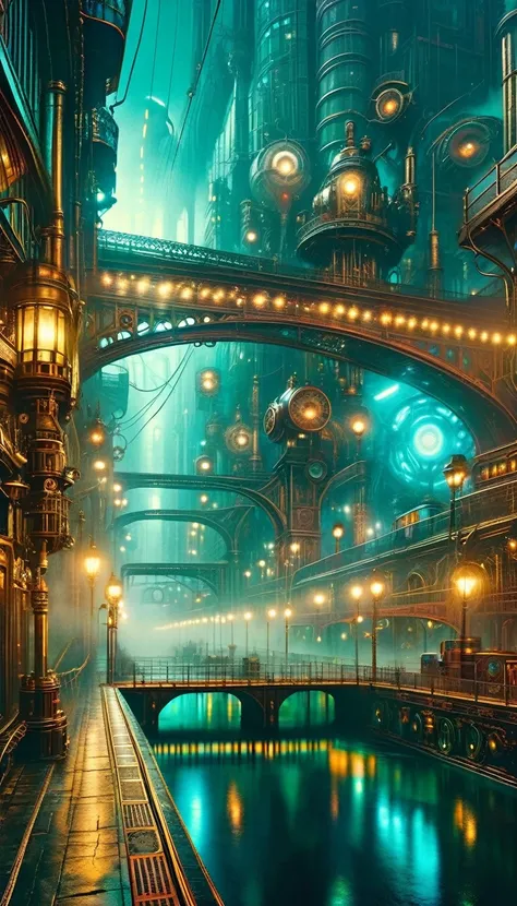 (steampunk:1.5), futuristic city street landscape, intricate bridges, mysterious fog, art inspired by Bill Sienkiewicz, advanced technology, gears, steam punk architecture, cityscape, cinematic, dramatic lighting, moody atmosphere, vibrant colors, highly d...