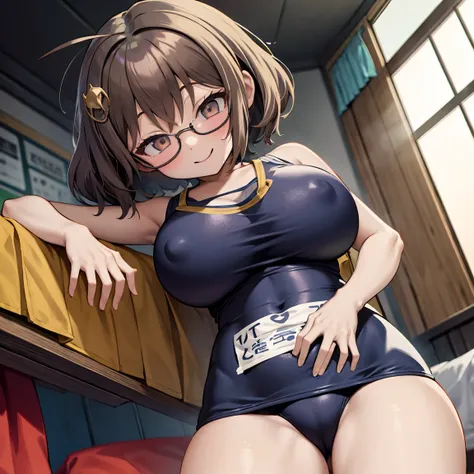 8k、masterpiece、Japanese、Woman wearing glasses、anise、from the front、smile、Childish、Big Breasts、Sheer School Swimsuit、night、Bedroom、Move the cloth between your legs to show