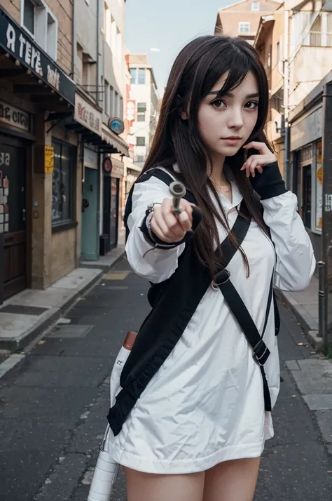 A girl with a compass in her hand and she was in the middle of the abbondened town ((anime style)) ((high quality))