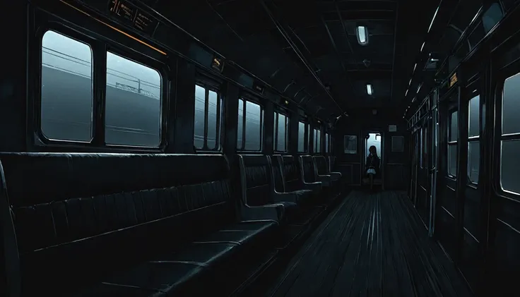 High definition animation. A girl sits inside a dark old train and looks forlornly out her window. Its dark outside the train.