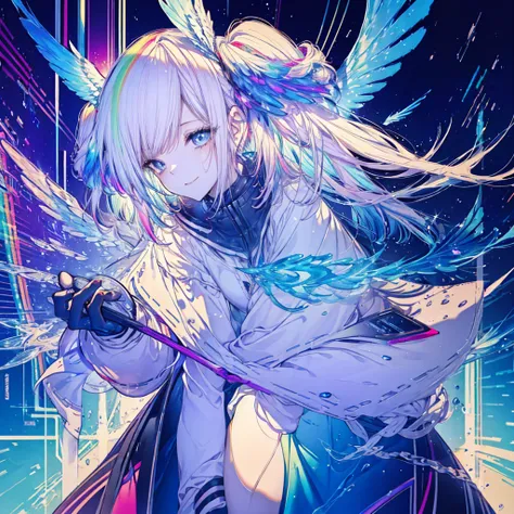 ((Archangel　Fantasy　Rainbow Hair　Make your hair rainbow-colored on the inside　Twin tails　Dull blue eyes　Has a galaxy　uniform　Put on a coat without putting your arms through it　Wings many times larger than mine　rainbow gradient feathers　Digital Wings　cyber ...