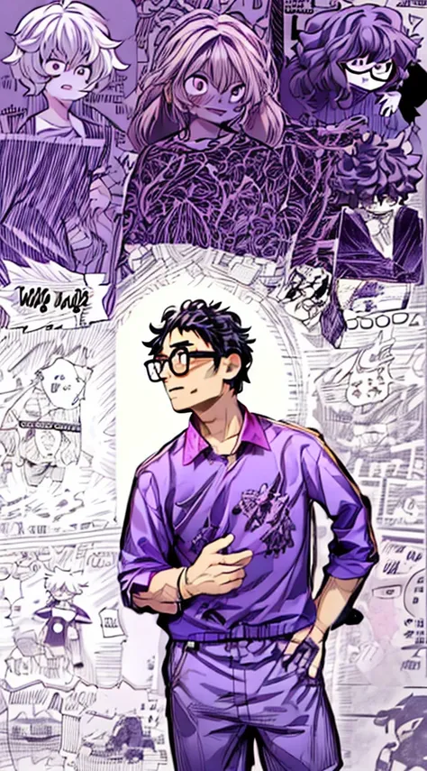 man, curly hair, glasses, purple shirt, Manga Background