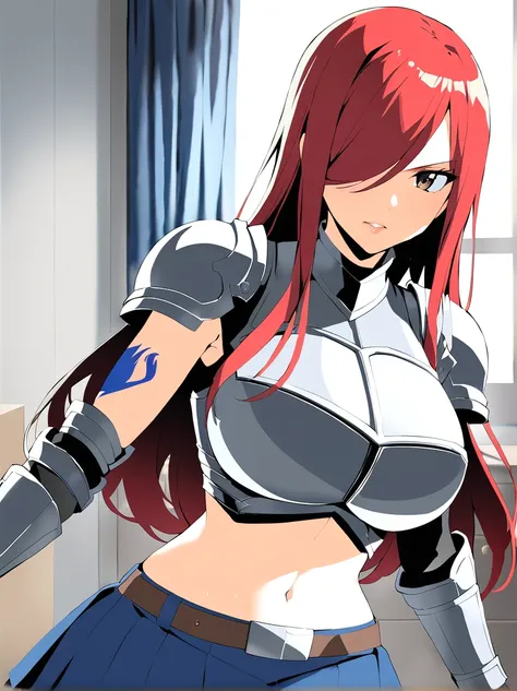 erza, brown eyes, pauldrons,blue skirt, tattoo, gloves, breastplate, 1girl, gauntlets, belt,pleated skirt, , red hair, shoulder ...