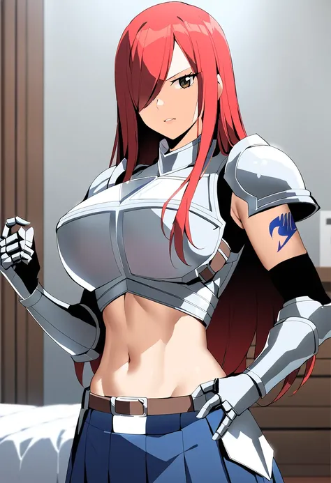 Erza, brown eyes, pauldrons,blue skirt, tattoo, gloves, breastplate, 1girl, gauntlets, belt,pleated skirt, , red hair, shoulder armor, looking at viewer, ,masterpiece, best quality,animerza, upper body, highres, room, big breasts, navel, indoors, hair over...