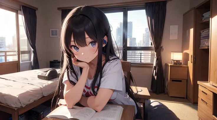 midnight、A beautiful girl in casual clothes studying while listening to music with headphones in her room。Dim lighting。Outside the room, there are many tall buildings.。Japanese anime style。