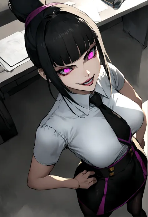 juri han, work of art, tight white secretary shirt with black tie, black high waist skirt, short skirt,stocking, black hair, black tights,evil smile,office,franja nos olhos,lighting,chifre de cabelos,view from above,olhando para cima
