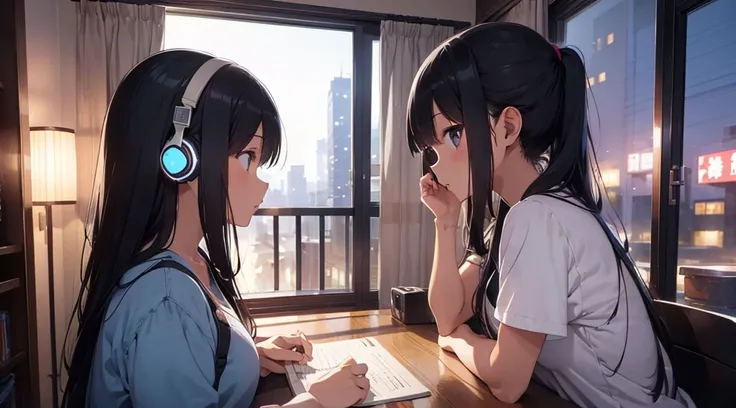 midnight、A beautiful girl in casual clothes studying while listening to music with headphones in her room。Dim lighting。Outside the room, there are many tall buildings.。Japanese anime style。