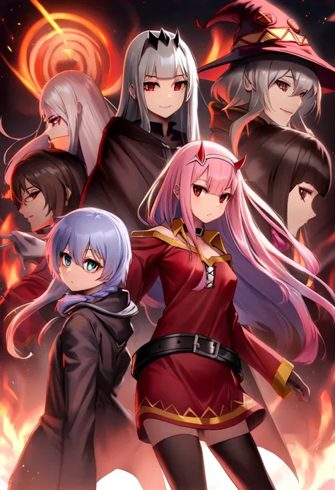 Megumin, echidna, zero two, Roxy, anime clothing, todas mirando al espectador,  cielo estrellado, Esperando la batalla, demon king with demonic aura behind them,