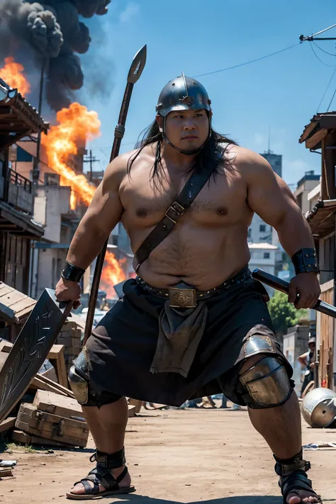 looking at us, Staring Intently, face focus, Bandit, Fat ferocious barbarian:2, This barbarian is a robust stocky Japanese, smirking, mid combat, intense battle scene, leather and iron armor, armored short skirt, holding a Viking War Axes, viking helmet, l...