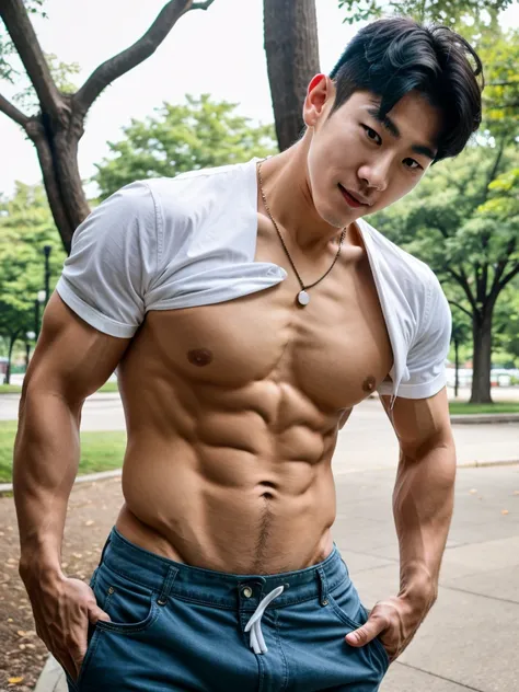 Realistic​ photography​ of a​​​​ korean cute boy​, 25 ages​​​ , wearing​ shirt, thin​ necklace​, at​ park,movement pose cool,huge pecs