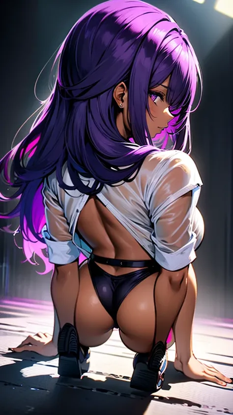 Masterpiece, a dark-skinned woman, olive skin, 30 years old, squatting, on all fours, she is facing away, photograph from behind, pointing her left hand towards her head, hand on her head, wearing a thong, panties stretched up to the waist, purple panties,...