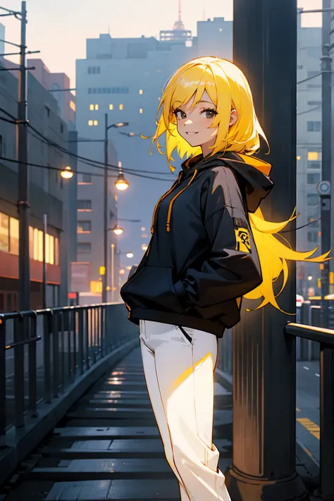 1female, yellow hair, black eyes, flaming hoodie, smiling, white pants, city background, detailed background, hands to side, standing on path