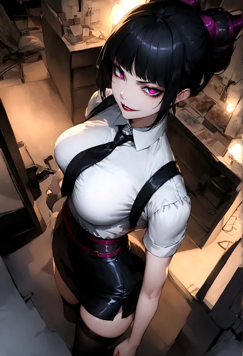 juri han, work of art, tight white secretary shirt with black tie, black high waist skirt, short skirt,stocking, black hair, black tights,evil smile,office,franja nos olhos,lighting,chifre de cabelos,view from above,olhando para cima
