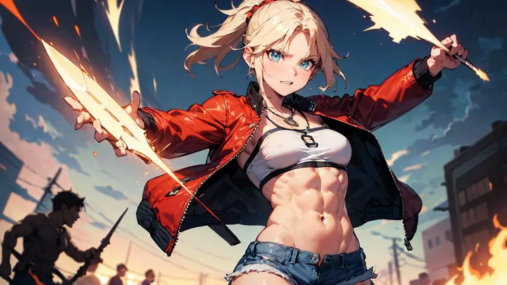 ((One Woman:2)), (Red jacket：1.9 )、((Battle Scenes：1.３, Swinging his sword violently,Dynamic Pose, Dynamic Action,Tight chest tops, Two-handed sword swinging pose)) , （Green Eyes:1.3）、Blonde Hair、ponytail、short hair、Scrunchie、赤いScrunchie、ヘアScrunchie、(赤いJac...