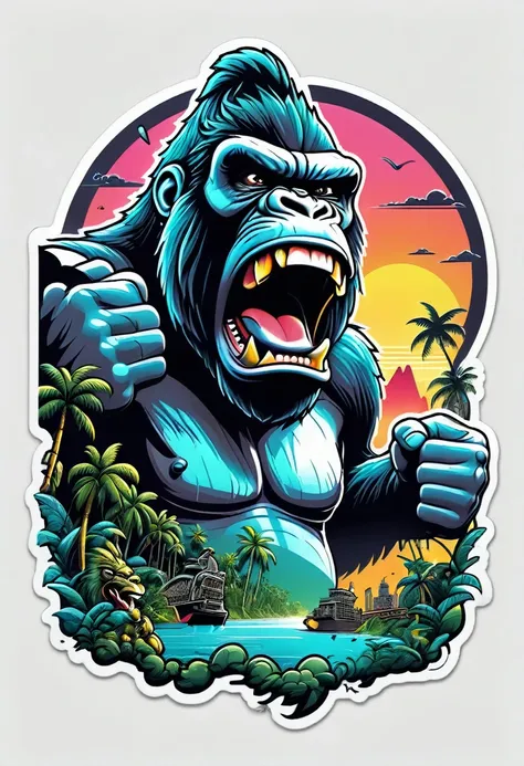 (((a sticker))), (((white background))),splash art, intricately detailed t-shirt design ready for print , 2d, ONE angry wild shouting furious  HUGE KING KONG in foreground, Jungle sunset at the background, vibe detailed design for streetwear and urban styl...