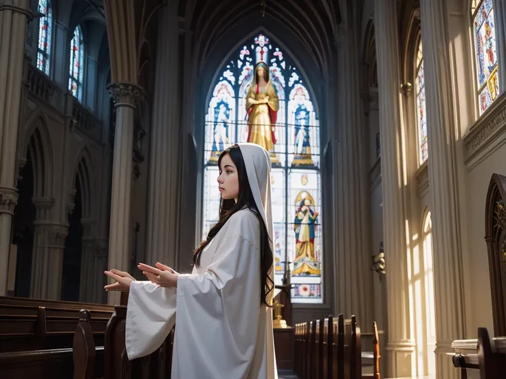 Virgin Mary in church，prayer，There is sunshine by the window，serene facial features