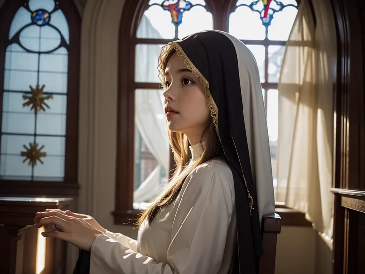 Virgin Mary in church，prayer，There is sunshine by the window，serene facial features