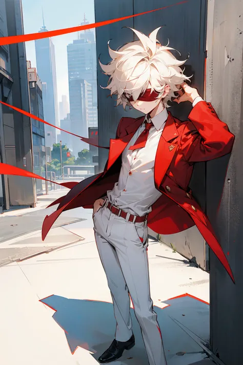 1male, white short hair, messy hair, red blindfold, open red blazer, white shirt, white pants, city background, detailed background, hands to side, standing on path