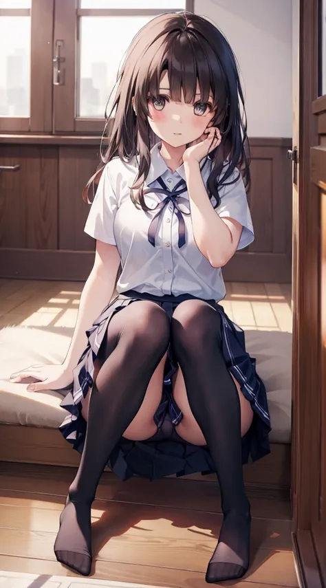 (8k、Best image quality、Highest quality、masterpiece)、One tall girl、((Full body))、Sitting on the floor、White panties are visible、Long Hair、Wavy Hair、blush、Moderate bust、White collared shirt、Short sleeve、((Plaid pleated mini skirt))、Classroom Background、((bla...