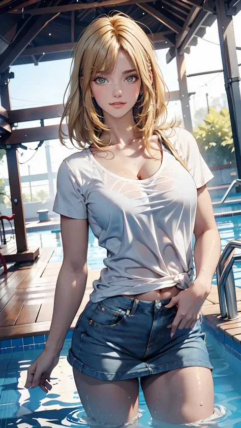 Create a photo-realistic young woman with blonde hair (Shoulder length), blue eyes and big breasts. She is wearing a white T-shirt, Round neck, Long Fit、Short sleeve, No bra, She also、She is wearing a unicolor black cotton miniskirt. She climbs out of the ...