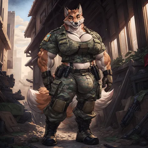 solo, 1girl, fox, female, broad shoulders, buff, muscular, huge breasts, gold eyes, highly detailed eyes, Amazon, wearing camouflage_uniform, (urban uniform:1.2), military camp, rolled sleeves, shirt, trousers, (large bulge), detailed crotch, penis outline...