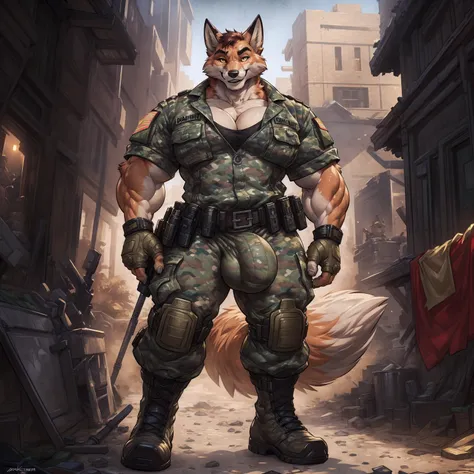 solo, 1girl, fox, female, broad shoulders, buff, muscular, huge breasts, gold eyes, highly detailed eyes, Amazon, wearing camouflage_uniform, (urban uniform:1.2), military camp, rolled sleeves, shirt, trousers, (large bulge), detailed crotch, penis outline...