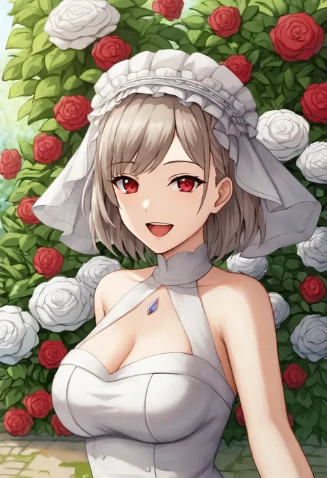 1girl, ultra high res ,looking at viewer , white dress, red eyes, garden background, smile, open mouth, strawhat, larg chest