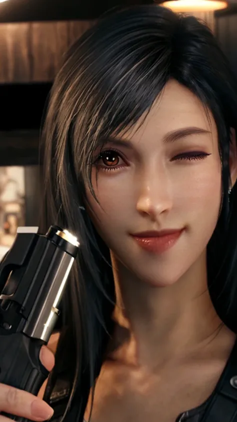 (best quality,masterpiece, HDR,UHD,8K,Vivid Colors, extreme detail description, Professional:1.1),
(pale skin, perfect skin, red iris, thin lips, thin mouth, long hair: 1.1),
1girl, 
looking at viewer, (seductive smile:1.4),
 tifa,
head_tilt,((one eye:1.2)...