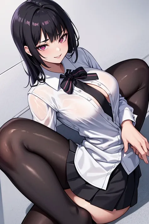 juri han, work of art, tight white secretary shirt with black tie, black high waist skirt, short skirt,stocking, black hair, black tights,evil smile,office,franja nos olhos,lighting,chifre de cabelos,view from above,olhando para cima
