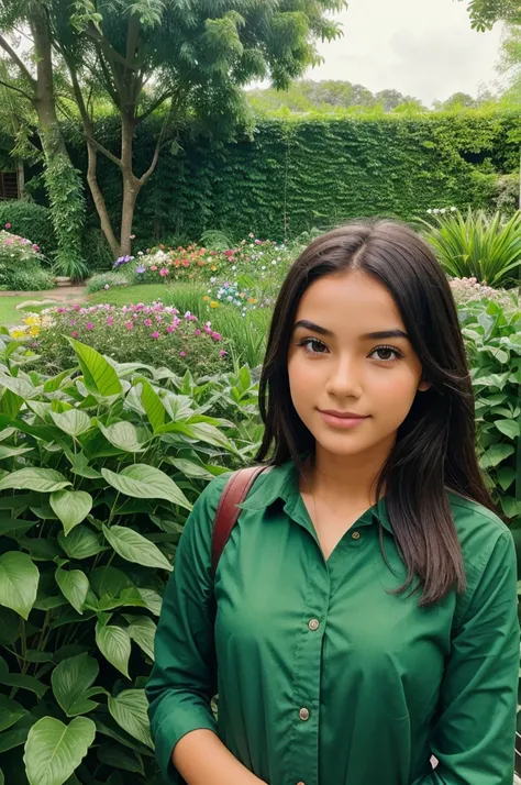 Photo of a girl travelling in lush green garden with beautiful flowers