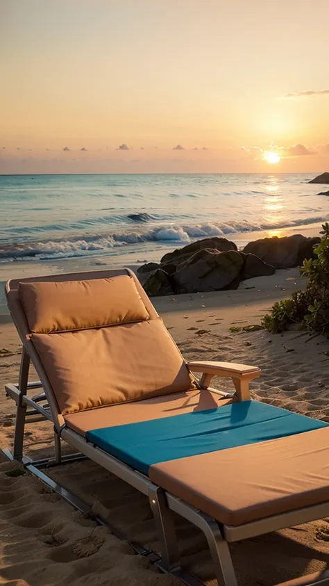 a sun lounger kept on a beach ,beautiful sunset in background , vibrant a realistic 