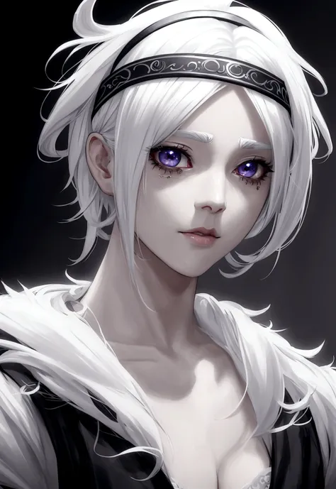 a beautiful men with white hair blind, wearing a headband over her eyes, anime style, detailed face, detailed eyes, detailed ana...