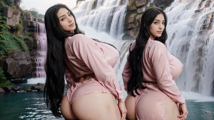 My big gorgeous 2 wifes POV from behind the shoulder in transparent pink loose clothes looking so sexy,1 personality,clean skin, smiling face,tall,long black hair flowen hairstyle,pink lips(waterfall raining scenary) realistic texture 