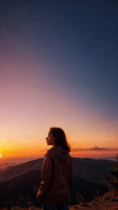 mountain view with sunset, realistic, 8k darklight, girl watching sunset 