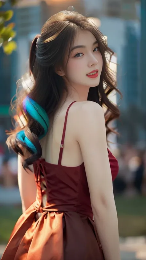 A mature woman wearing a multi-colored dress with spaghetti straps (Tight Fit), Soft backlight effect. Her outlines are softly drawn, Create a dreamy and elegant atmosphere, (outdoor), (Solitary), (Half Body), Jewelry, Wavy curly hairstyle,Look at the audi...