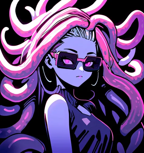 (dark biopunk art), (tentacle biopunk atmosphere), (biopunk girl), thin facial features, pale skin, pale tentacle hair, long tentacle hair, massive hair, open forehead, pale pink eyes, squared sunglasses, (dark lighting), many shadows, cold lights, biopunk...