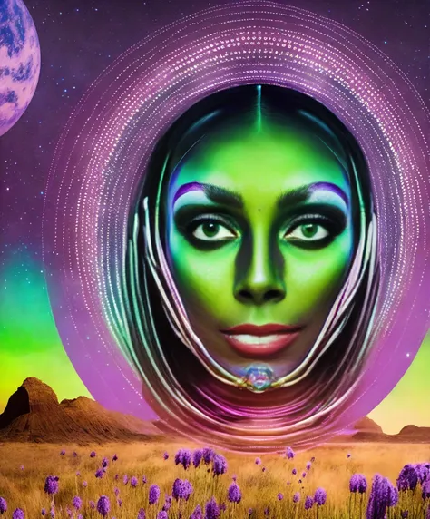 alien extraterrestrial persons exotic aliens facial features purple green cosmic scenery landscape