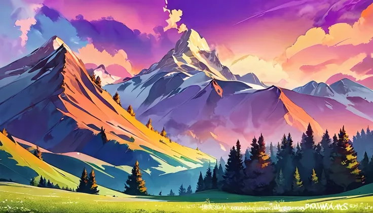 beautiful view of the mountains, orange and purple clouds at sunset, enchanting and magical.