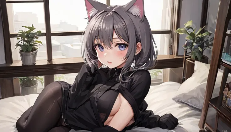 One girl, That will happen, View your viewers, Gray Hair, there is nothing, Cat ear, Cat&#39;s Tail, White shirt, Open clothes, Russian cities, ba-shiroko