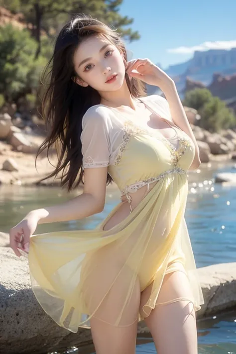 ((Masterpiece 1.4)), CG Unity 8K walpaper, ((realistic: 1.2)), Ray tracing, K, Beautiful girl 16 years old, realistic korean girl, ((A young girl with a perfect body)), Ultra realistic, Ultra HD, ((Yellow holiday dress made from sheer see-through tulle.)),...