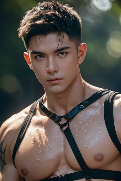 detailed ashen short-haired muscular  male, shirtless with black gear in close up view, chest harness, sweat wet chest, sinewy muscles casting subtle shadows in natural light, displaying golden eyes, dramatic lighting, high contrast, portrait orientation, ...