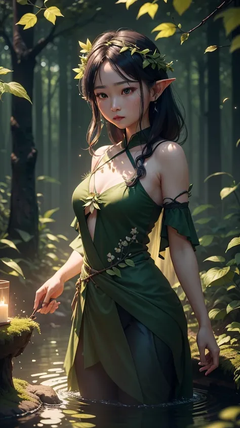 masterpiece, best quality, (Very detailed的 CG unity 8k 壁纸), (best quality), (Best Illustration Award), (Best shadow), Glowing Elf, There is a glowing deer, Drinking water in the pool, nature元素 in the forest theme. Mysterious forest, Beautiful forest, natur...