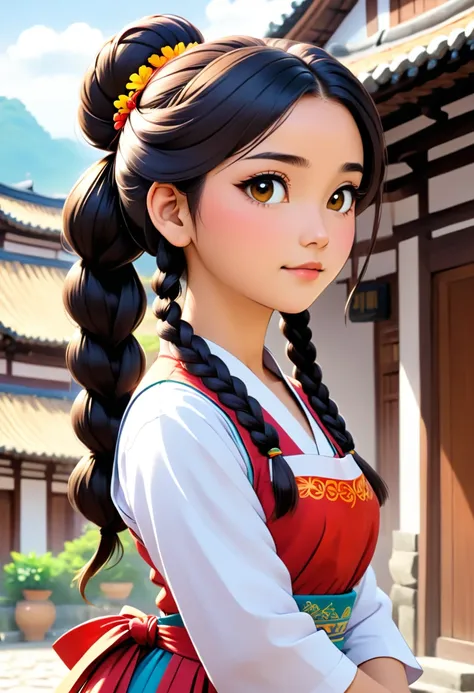 1 garota,pernas,a girl at building,(((building))),  braided bangs,braided ponytail,(Sozinho:1.2),apron,coxas grossas,calcinha de amarrar lateral, cabelo traseiro, 16 anos,olhando para o espectador, luz solar,hanfu, 