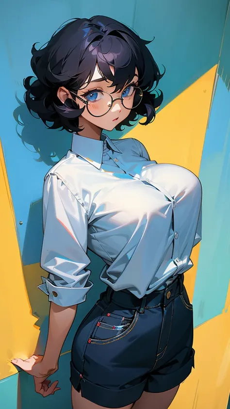 Cute girl, short curly black hair, round glasses, blue eyes, big breasts, short pants.