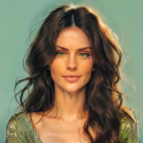 a close up of a woman with long hair and a green shirt, beautiful digital illustration, stunning digital illustration, detailed beautiful portrait, in style of digital illustration, digital illustration portrait, realistic art style, in the art style of bo...