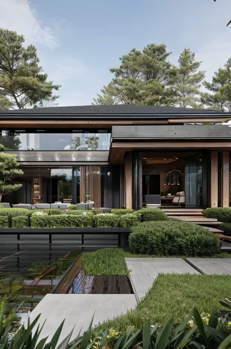 contemporary house with steel, wood and concrete structure, brise-brise style windows, deck overlooking a large duck pond, real grass
